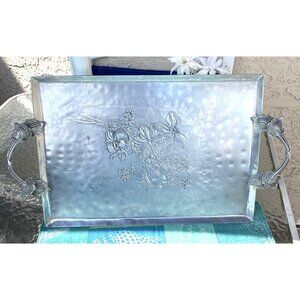Hammercraft Hand Made Metal Hammered Silver Tray With Ornamental Handles 1950's